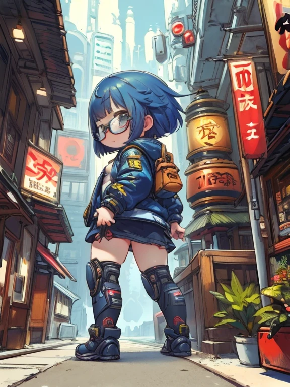 Cyberpunk Anime, Cinematic, High Resolution Computer Graphics, Dynamic Rear View, Best framing, HD12K quality, Tomboy, Blue Bob Cut Hair, Small breasts, Wide Hips, Wearing a tactical jacket, Part-Time Job, High Tech Glasses, Elegant mechanical arm and finely crafted, Sexier, Stylish trends, Cheeky Smile, Cool poses in a future Tokyo downtown area illuminated by virtual billboardanagement barcode，