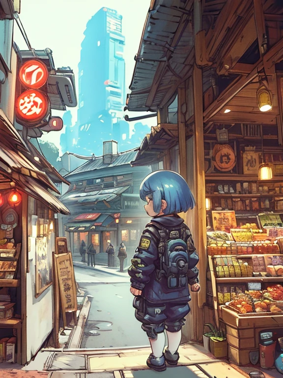 animé cyberpunk, Cinématique, Infographie haute résolution, Vue arrière dynamique, meilleur cadrage, Qualité HD12K, garçon manqué, cheveux coupés au carré bleu, Petits seins, Hanches larges, Porter une veste tactique, travail à temps partiel, Lunettes haute technologie, Bras mécanique élégant et finement travaillé, Sexy, Tendances élégantes, Sourire effronté, Des poses sympas dans un futur centre-ville de Tokyo éclairé par un code-barres de gestion de panneaux d&#39;affichage virtuels，