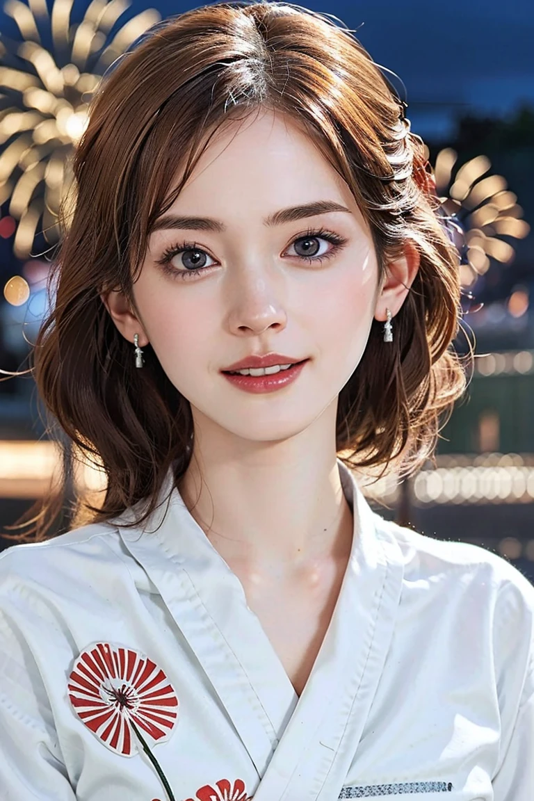 (Preserve face images), pale face:1.3、Super thin face:1.3, (very big eyes:1.5)、 (blown eyes:1.5), master piece、8k, {highest quality}, {{masterpiece}}, {very delicate and beautiful}, outstanding light and shadow, highly detailed wallpaper, clear and bright sunlight, (((Full body))), 1 girl, blush、(薄い茶Farbeの髪), ((Face illuminated by fireworks)), (((White yukata with floral pattern))), Farbe々A pose:1.5, necklace、ring、earrings,(Toothless smile:1,5),  