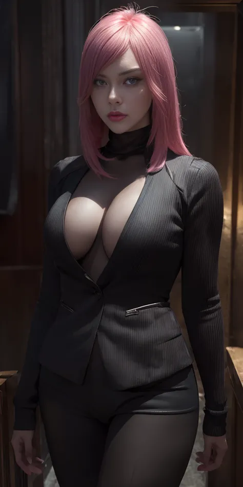 a pink-haired girl boss of the mafia,dark atmosphere,hidden weapons,high-end luxury cars,strategic meeting,secret hideout,heavy ...