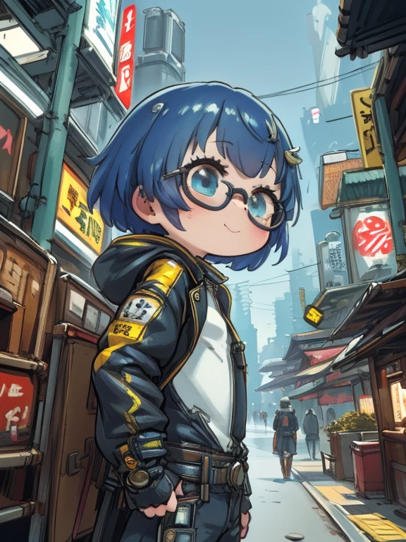 Cyberpunk Anime, Cinematic, High Resolution Computer Graphics, Dynamic Rear View, Best framing, HD32K quality, Tomboy, Blue Bob Cut Hair, Small breasts, Wide Hips, Wearing a tactical jacket, Part-Time Job, High Tech Glasses, Elegant mechanical arm and finely crafted, Sexier, Stylish trends, Cheeky Smile, Cool poses in a future Tokyo downtown area illuminated by virtual billboardanagement barcode，