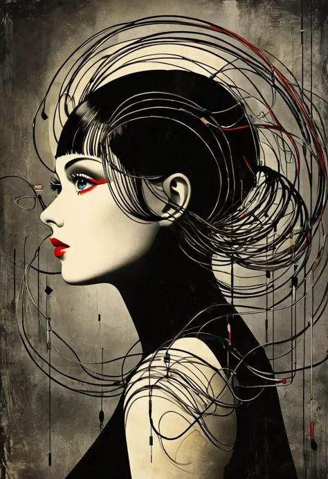 ( dark fantasy posters:1.1), masterpiece, best quality, 1 girl, (bauhaus, shape, wire, abstract:1.1)