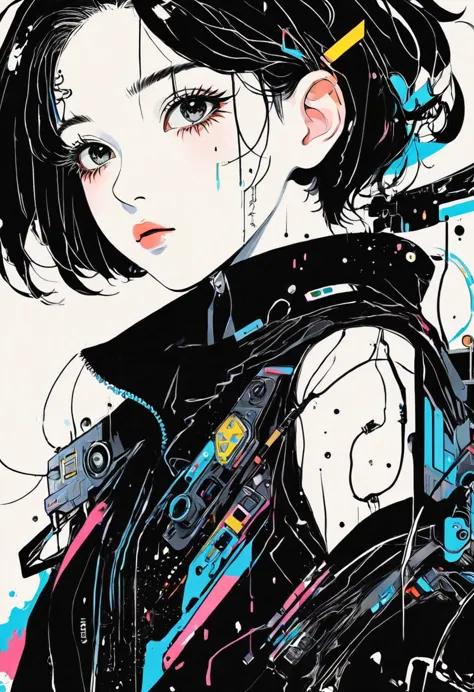 montage art creation。minimalism，ink，anime line art, a girl, kawaii, cyberpunk,  ink paint line art, vector art, thick line, tech...