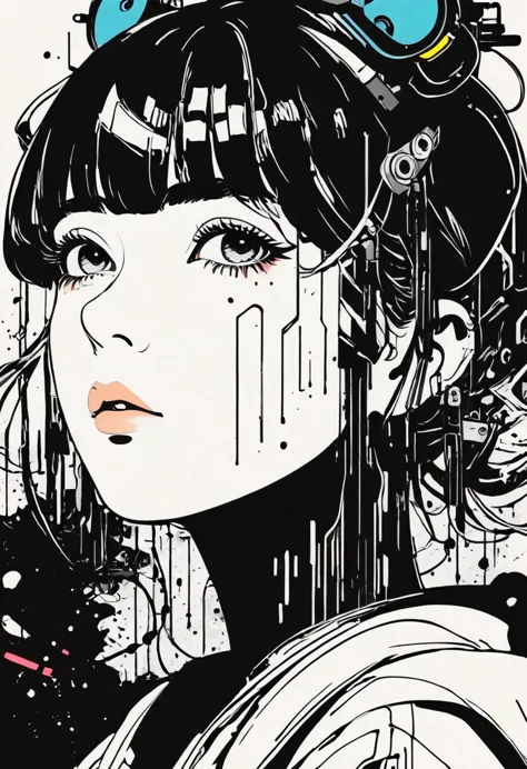 montage art creation。minimalism，ink，anime line art, a girl, kawaii, cyberpunk,  ink paint line art, vector art, thick line, tech...