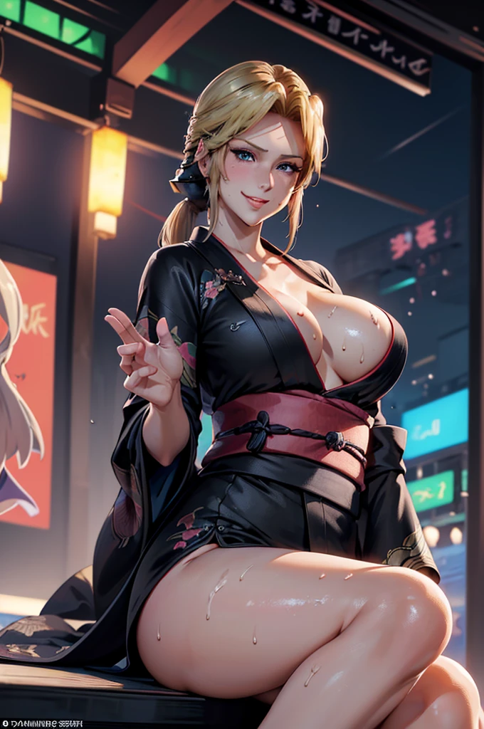 Masterpiece(woman,Huge breasts, Very red lips highlighting huge breasts,Big Ass,Narrow waist,Long legs,Greenish blue eyes,Blonde ) 8k(Sweat flying:1.4 )8k(Heat rash:1.9 ) 8k(Gal:1.3) 8k(Staring at me:1.5) 8k(Anime Style,A floppy smile,What we are looking for,Face mischievous face,The facial expression is accurate:1.7) 8k(Anime Style,The facial expression is accurate) 8k(Wearing a black kimono:1.5) 8k(hairpin :1.3 ), 8k(Focus on the face:1.5)8k(Summer festival:1.5)