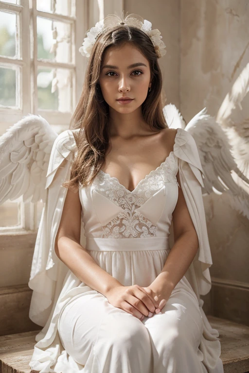 beautiful, masterpiece, Aglaya, angel face, angel black wings , best quality, extremely detailed face, long dress, white, perfect lighting, 1girl, solo, , sitting, blush,
