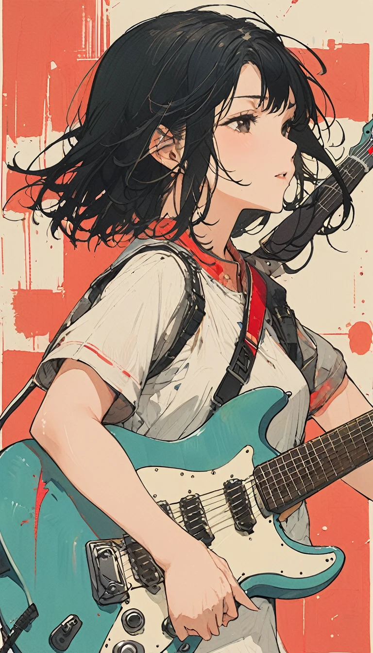 Le style de Kawase Hasui、cheveux noirs、Coupe Hime、2、femme、jouer de la guitare électrique