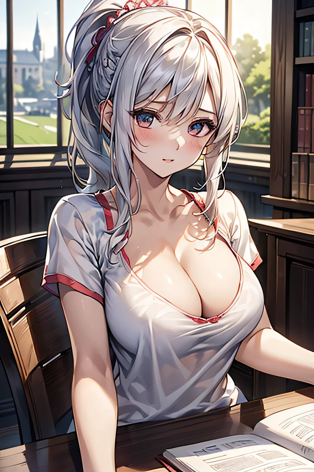 masterpiece、Highest quality、Very detailed、An illustration、Beautiful attention to detail、One Girl、cute、Detailed landscape、Library Background、White Hair、Braided Ponytail、Red camisole、((D cup breasts, T-shirts that reveal cleavage:1.3))、High angle