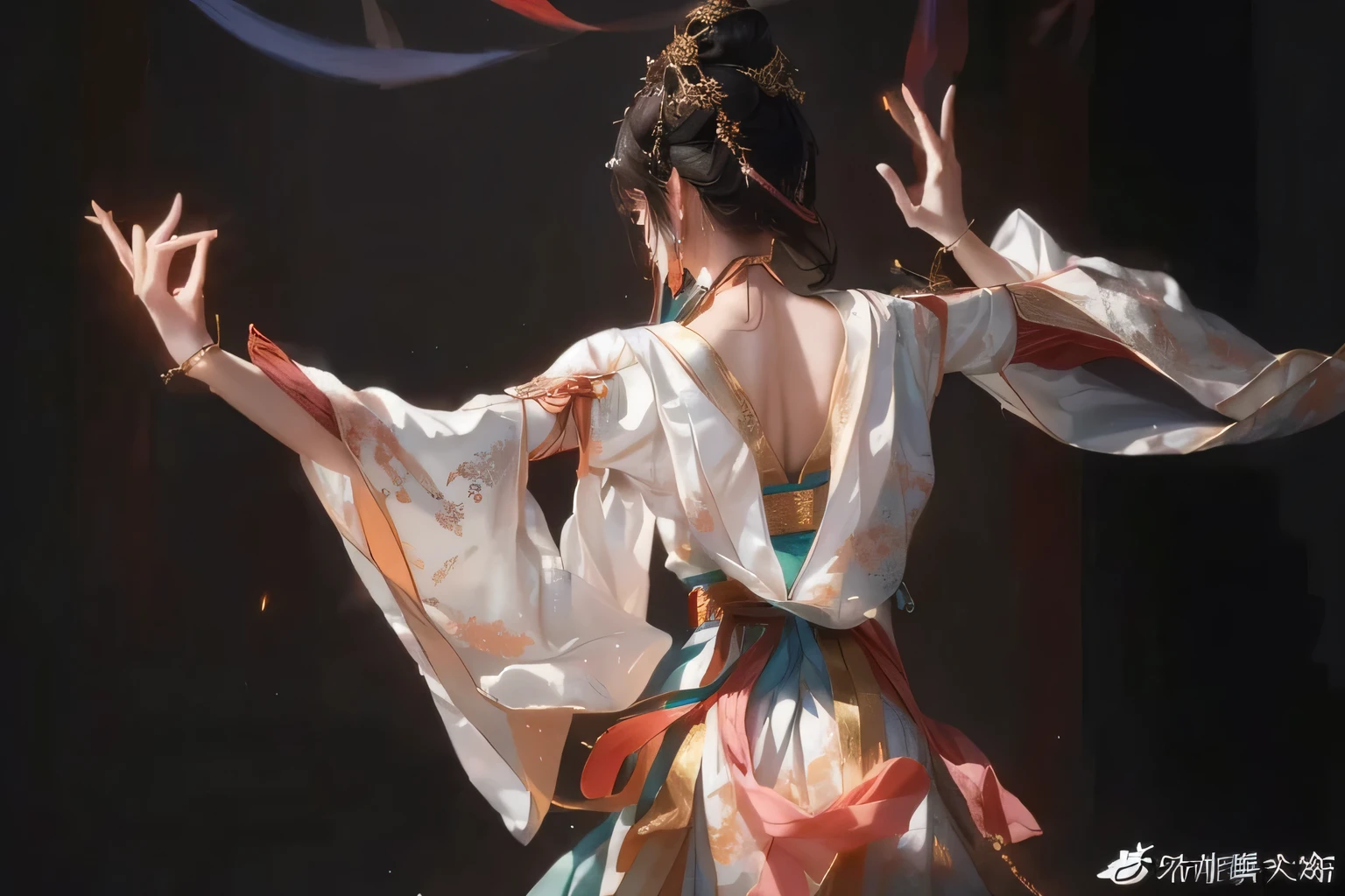  女の子 wearing Hanfu, Dancing 戻る，敦煌飞天，敦煌，点灯，サイドライト，衣類用糸，流れるような服，金属ジュエリー，戻る，女の子&#39;s 戻る，