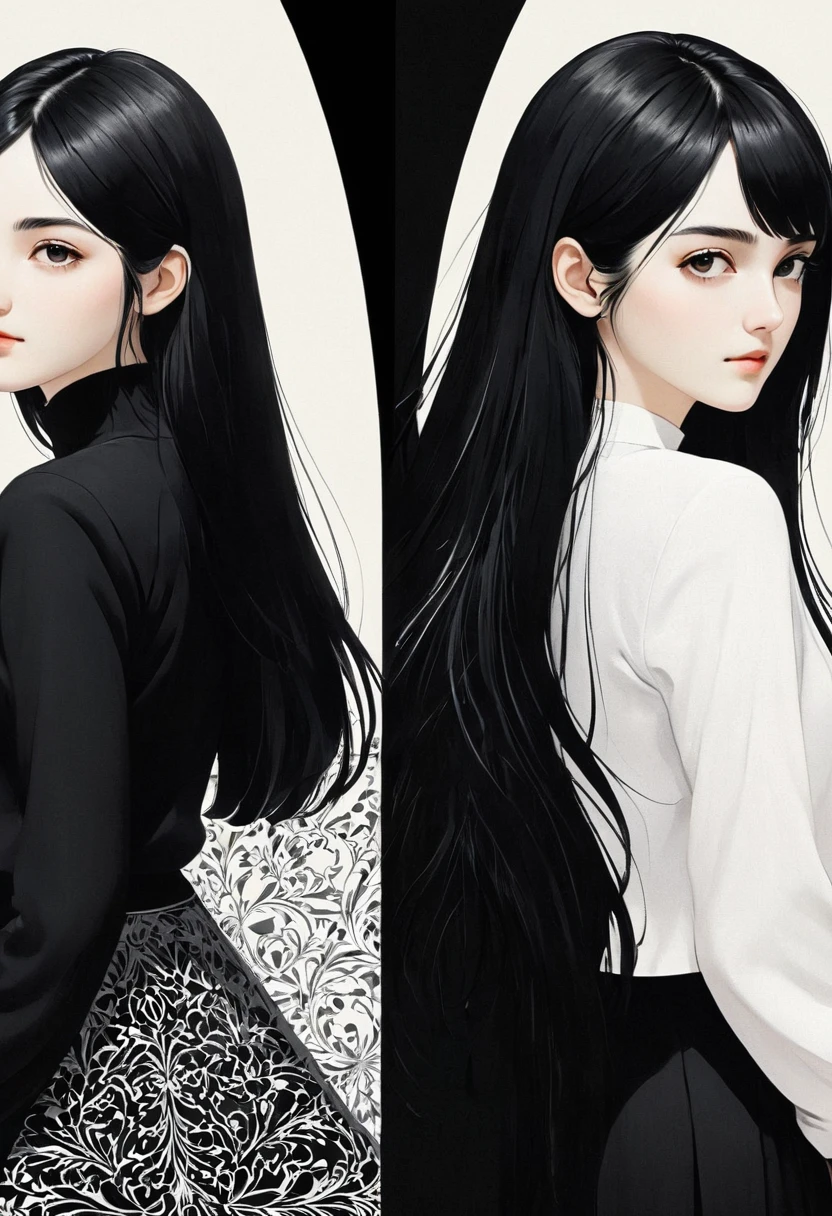 (masterpiece, best quality, Extremely detailed), delicate patterned, Detailed background,
(1 Girl), Solitary, Bankruptcy, 
Single Cream, black and white, (Split screen) Long black hair wearing black clothes，Short white hair wearing white clothes, Flip horizontally, symmetry, Clear edges, High contrast,