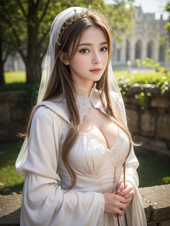 Classy sex appeal、Beautiful woman、Clear Skin、Perfect natural light、8KHigh resolution、High resolution、Glowing Beautiful Skin、Transparent beauty、masterpiece、Watery eyes、Brilliant point、Gravure quality、Light Hair Color、Great medieval European style、Magical fantasy world、High Priest、White clothes、Have a magic wand