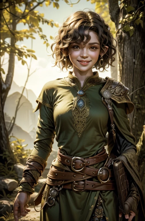 She's a half-elf, with short curly hair, cute and spritely with a twinkle in her eye and a smile on her face. 