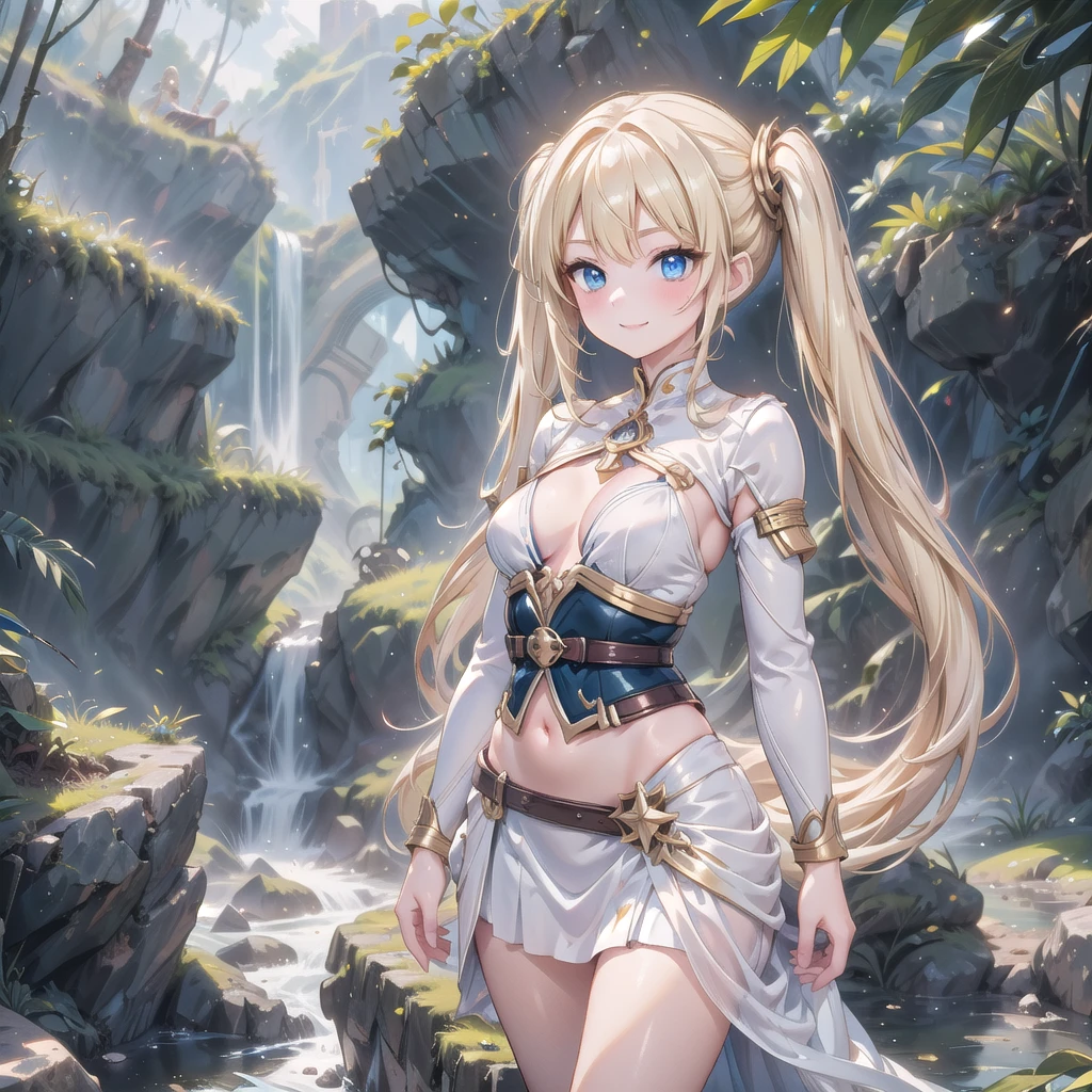 1 adult tall lady, magical bikini armor, blond hair, blue eyes, beautiful jungle background, beautiful shiny eyes focus, white skirt, belly button、long hair, twintails, leather armor、belt、Adventurer、smile, open, mouth, medium breasts, slender