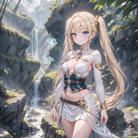 1 adult tall lady, magical bikini armor, blond hair, blue eyes, beautiful jungle background, beautiful shiny eyes focus, white s...