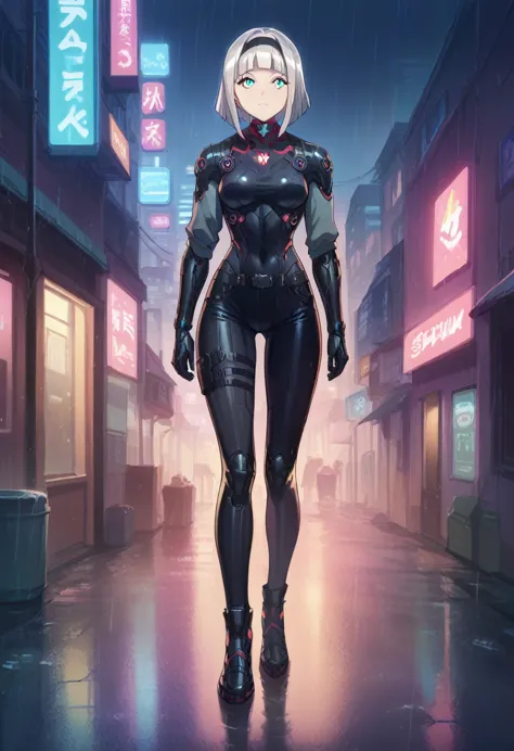 anna nishikinomiya with the same female body but only with armor that covers her entire cyberpunk body, has a (black robotic arm...