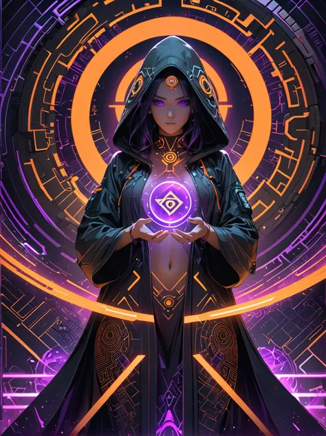 woman in a futuristic, cyberpunk-inspired setting, wearing a hooded robe with ornate rune-like patterns, holding a glowing, tech...