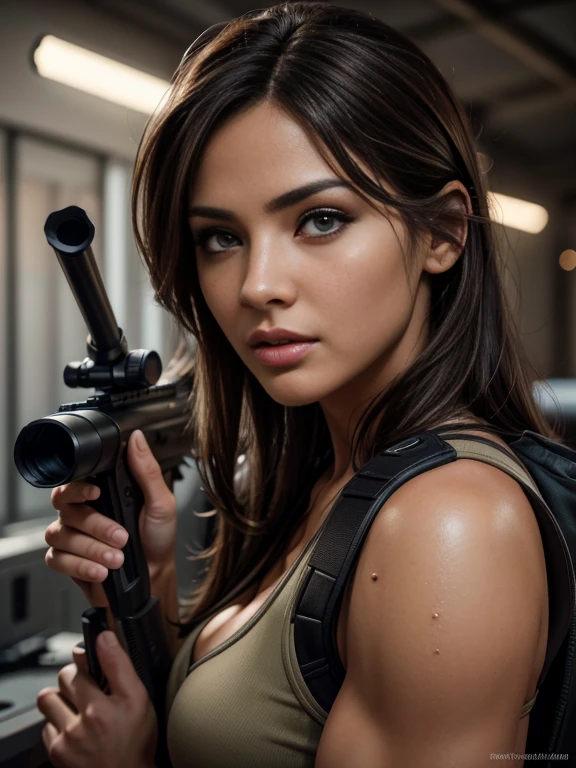 detailed photo of a sexy woman trying to snipe someone with a sniper rifle, beautiful detailed eyes, beautiful detailed lips, extremely detailed face, long eyelashes, muscular athletic build, holding a sniper rifle, war zone, rim lighting, dynamic, physically-based rendering, professional sports illustration, vivid colors, dramatic lighting, detailed face, detailed eyes, detailed nose, detailed lips, dynamic action pose, (best quality,4k,8k,highres,masterpiece:1.2),ultra-detailed,(realistic,photorealistic,photo-realistic:1.37)