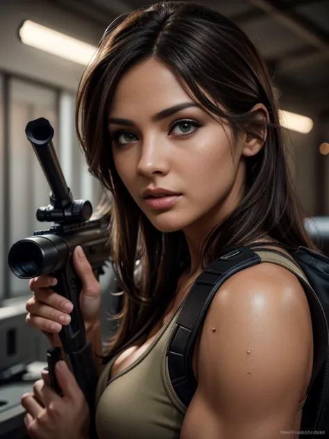 detailed photo of a sexy woman trying to snipe someone with a sniper rifle, beautiful detailed eyes, beautiful detailed lips, ex...