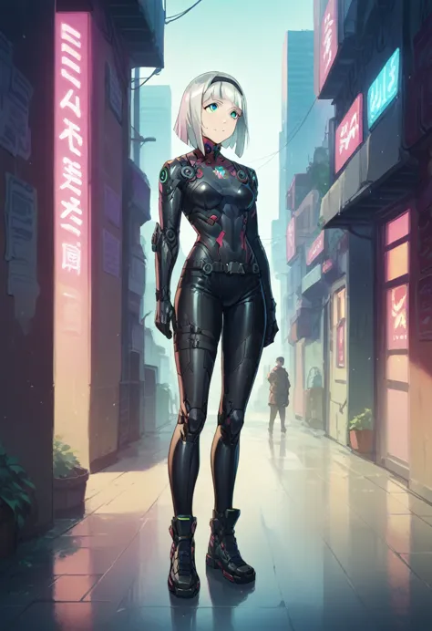 anna nishikinomiya with the same female body but only with armor that covers her entire cyberpunk body, has a (black robotic arm...