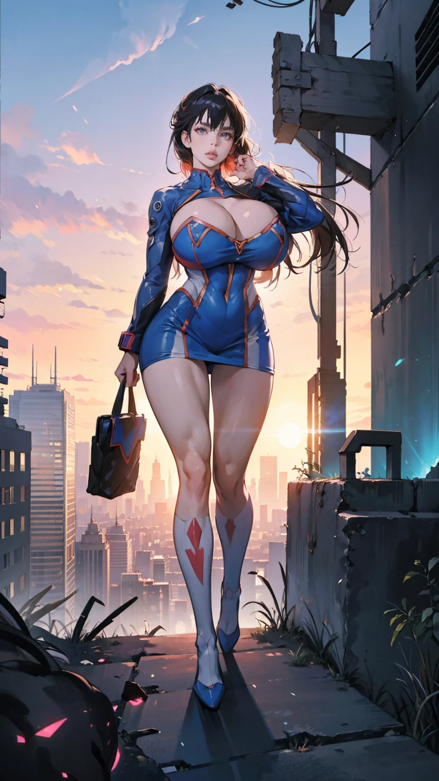 Super-Mädchen, pureerosface_V1, Aufkleber eines Mädchens aus DC Comic, Ganzkörper, Kim Jung gi, , (riesig breasts breasts 1.6),Seele, digital Illustration, Comic-Stil, cyberpunk, Perfekte Anatomie, zentriert, der Perfektion nahe, Dynamisch, sehr detailliert, Aquarellmalerei, artstation, Konzeptkunst, glatt, scharfer Fokus, Illustration, Kunst von Carne Griffiths und Wadim Kashin ,, (Meisterwerk, beste Qualität, ultra-detailliert, bester Schatten),, Im Stil von Neon Genesis Evangelion, Du stehst auf einem trostlosen, postapokalyptisches Ödland, während sich die fernen Ruinen einer riesigen Stadt am Horizont abzeichnen. Der Himmel ist voller bedrohlicher Wolken, während eine riesige Kreatur in der Ferne auftürmt, riesige Brust, riesig , titsnipples, kurvig, dick