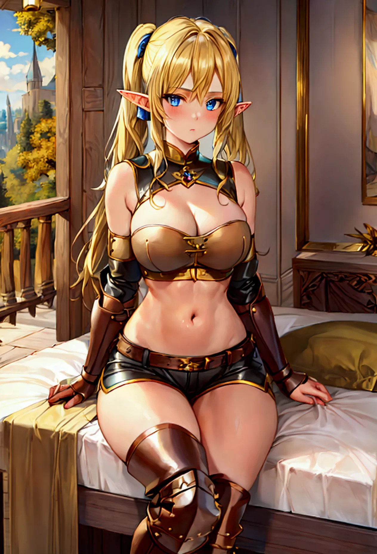 (masterpiece)(best quality)1 female character, has blonde hair, has blue eyes, has elf ears, has a hairstyle with two pigtails, ...