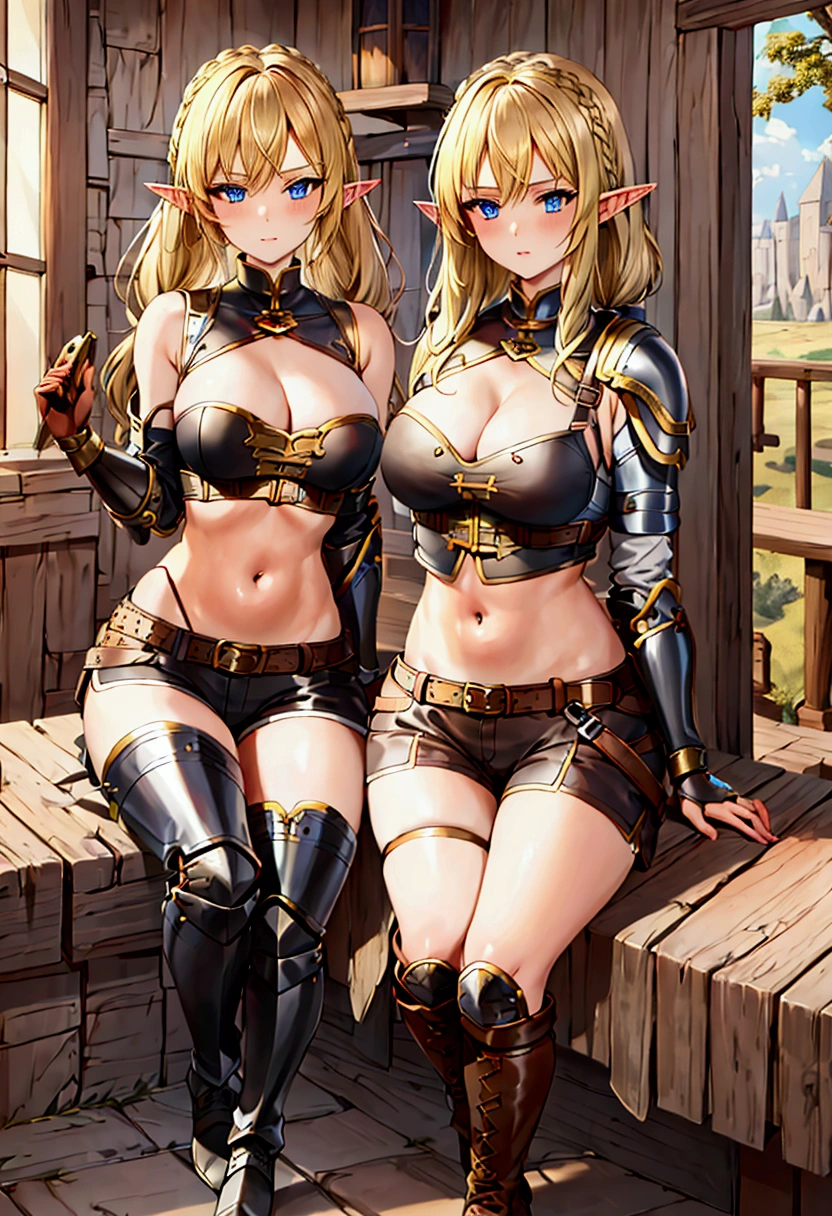 (masterpiece)(best quality)1 female character, has blonde hair, has blue eyes, has elf ears, has a hairstyle with two pigtails, wears a top, has medium breasts, wears shorts, wears long leather boots(abdomen detailed) (athletic body) has wide hips, uses a crossbow, is in a medieval forest at night, wears leather armor, wears cleavage, sits on a log,