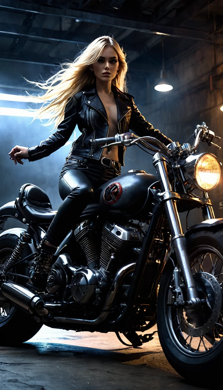 menina loira com cabelo longo, seios pequenos, motociclista, garota radical, posição sexy em uma motocicleta, claro-escuro, sensual, iluminação dramática, atmosfera temperamental, photorealista, detalhes intrincados, obra de arte, Ultra-detalhado, alta qualidade, 8K, melhor qualidade, realista, cinematic, ESCURO E PENITANTE, expressionista, composição poderosa, impacto emocional, Arte inspirada em Bill Sienkiewicz
