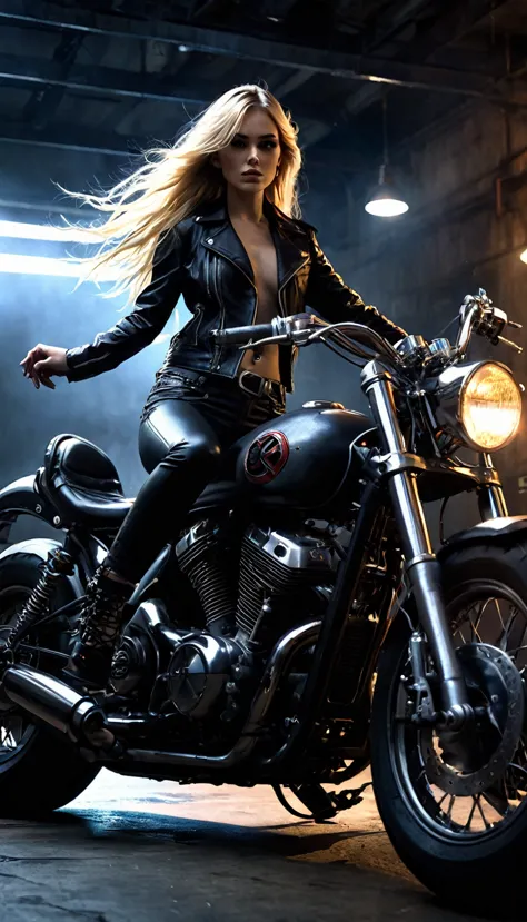 blonde girl with long hair, small breasts, biker, radical girl, sexy posing on a motorcycle, chiaroscuro, sensual, dramatic ligh...