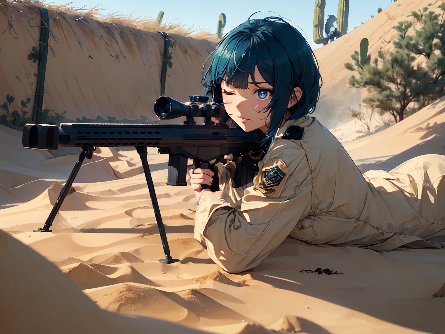 masterpiece, best quality, lineart, anime screencap, (1girl, solo:1.3), (prone, lying down:1.3), (blue hair, short hair, bangs:1.2), (blue eyes, bright pupils, detailed eyes:1.3), (focused, serious, one eye closed:1.2), (military uniform, military jacket, desert coat, military pants, camo uniform:1.3), (holding a sniper rifle, 50Caliber, sniper:1.4), (scenery, outdoors, desert, sand mounds, intricate desert background:1.4), (lens flare, warm lighting, bokeh:1.1),