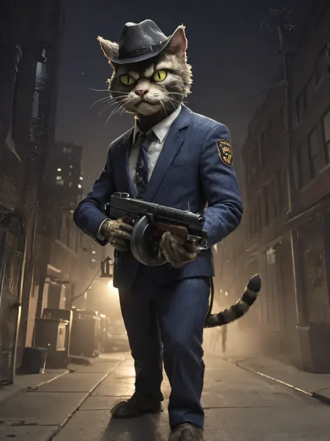 plants vs. zombies style, anthropomorphic furry cat in a hanger suit carrying a tmmygn submachine gun in a nighttime chicago str...