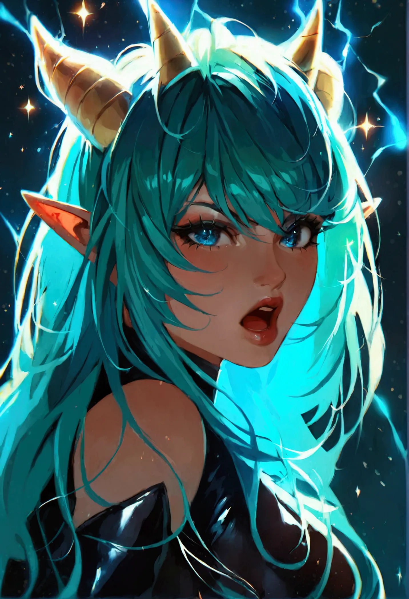 lum, 1girl, long hair, tiny horns, shortly pointy ears, (two-tone hair, green hair, aqua hair), bangs, dark-blue eyes, eyeshadow...