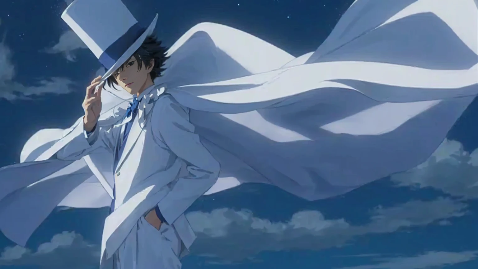 masterpiece, Highest quality, (Highly detailed CG Unity 8k wallpaper), (Highest quality), (Best illustrations), (Best Shadow), Absurd, Realistic lighting, (abyss), Beautiful sparkle, Anime scene of a man in a white suit and top hat, In a flowing white tailcoat, Shinji, Boogiepop Phantom, Flowing white robes, shinichi sakamoto, In anime movies, inspired by Okumura Togyu, 2012年のAnime screenshots, Anime movie screenshots, Anime screenshots, mamoru hosoda