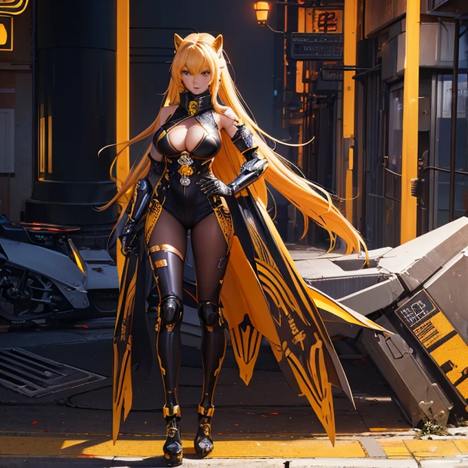 full-body shot(best quality),masterpiece, Very beautiful girl, Very detailed, Amazing, fine details, official art, Super detailed, High resolution, A girl stands in front of a tiger, (Taoism), Beautiful and meticulous girl, There is light on the face, nobody, Flowing blonde hair, Mechanical Lady, Mechanical Armor, water, Armored, Pink mech, Honey Mecha, Machinery,burning city, broken streets, ruins,Motorcycle Friends,horizon,(whole body:0.8),upper bust_Body,,Taoism,flower,Long Er,Bathyscaphe，tarot，(masterpiece, highest quality), (Detailed Hair), Very detailed, Anime Style, whole body, alone, Concept Art, Science Fantasy Combat Girl, Neck-length black and yellow hair, Golden Eyes, His right hand has been modified into a deadly cybernetic claw.. Cyber Kimono, Torn red scarf, Cyber Horned, Wearing tabi socks, White Background, whole body, Standing in the wasteland,Miss, witch hunter, Super detailed, Japanese hairstyle, Surreal robotic arm
