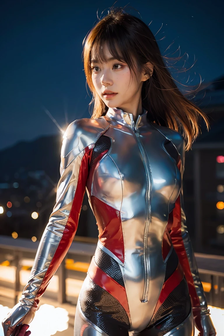 Ultraman、realistic、realistic、cinematic lighting, Girl in a shiny red and silver suit、15 years old、professional photos、Don&#39;Do not expose your skin, japanese model, japanese cgi、Ultraman Suit、, Power Rangers Suit、tight and thin cyber suit,Whole body rubbery、There&#39;s pink There、 delicate body, big breasts、small ass、thin thighs、thin arms、thin waist、camel toe、Both sides of the cyber suit stick to the skin、Big eyes、black short hair、facing the front、facing the front立っている、A glowing sphere is embedded in the chest.、Essay Examination、 blue sky background