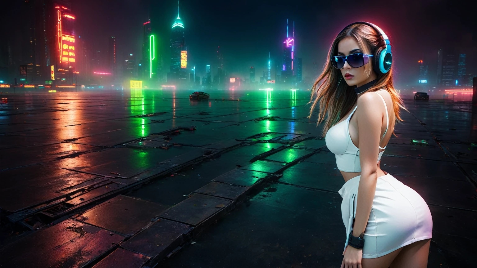 dark futuristic landscape, at night, neon lights, Atmospheric fog, large buildings in the background, futuristic city, streets with open shops, skyscraper (postapocalyptic city:1.3). (((1girl, solo, alone))), large-breast:1.2 slim body, cleavage:1.1, sexy miniskirt, (((headphone, black sunglasses, standing and holding pistol pose))), (((half-body thigh level medium shot))), cinematic lighting, lens flare, ray tracing.