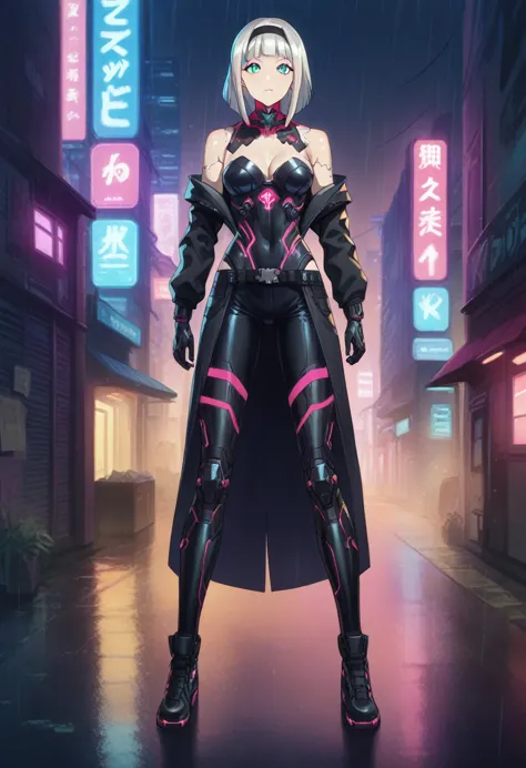 anna nishikinomiya with the same female body but only with armor that covers her entire cyberpunk body, has a (black robotic arm...