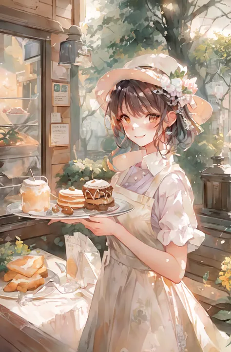 anime smiling girl holding a plate of food in front of a window, artwork in the style of guweiz, guweiz on pixiv artstation, mys...