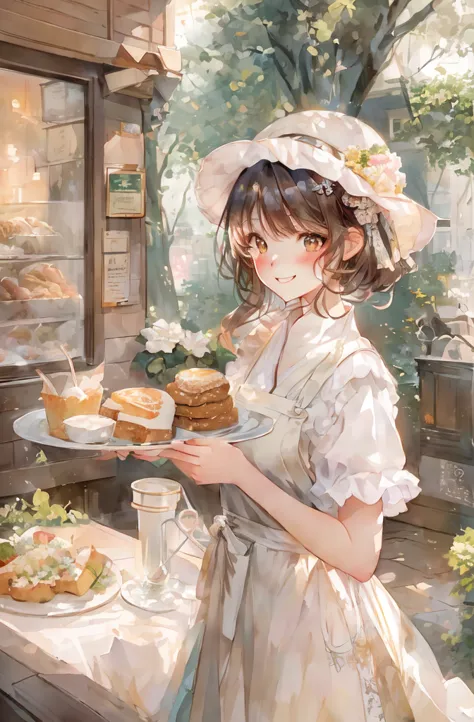 anime smiling girl holding a plate of food in front of a window, artwork in the style of guweiz, guweiz on pixiv artstation, mys...