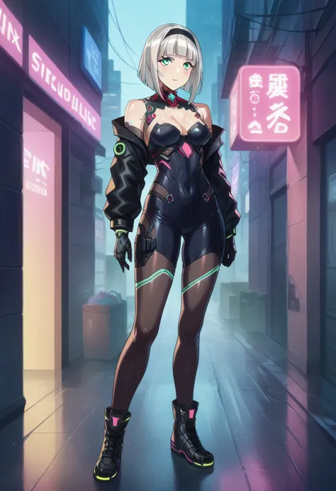 anna nishikinomiya with the same female body but only with armor that covers her entire cyberpunk body, has a (black robotic arm...