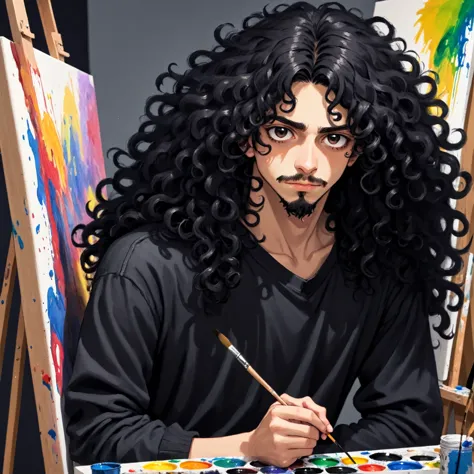 a teenager with long black very curly hair, he has black eyes, he has a small zappa beard, he is painting a canvas with paint, h...