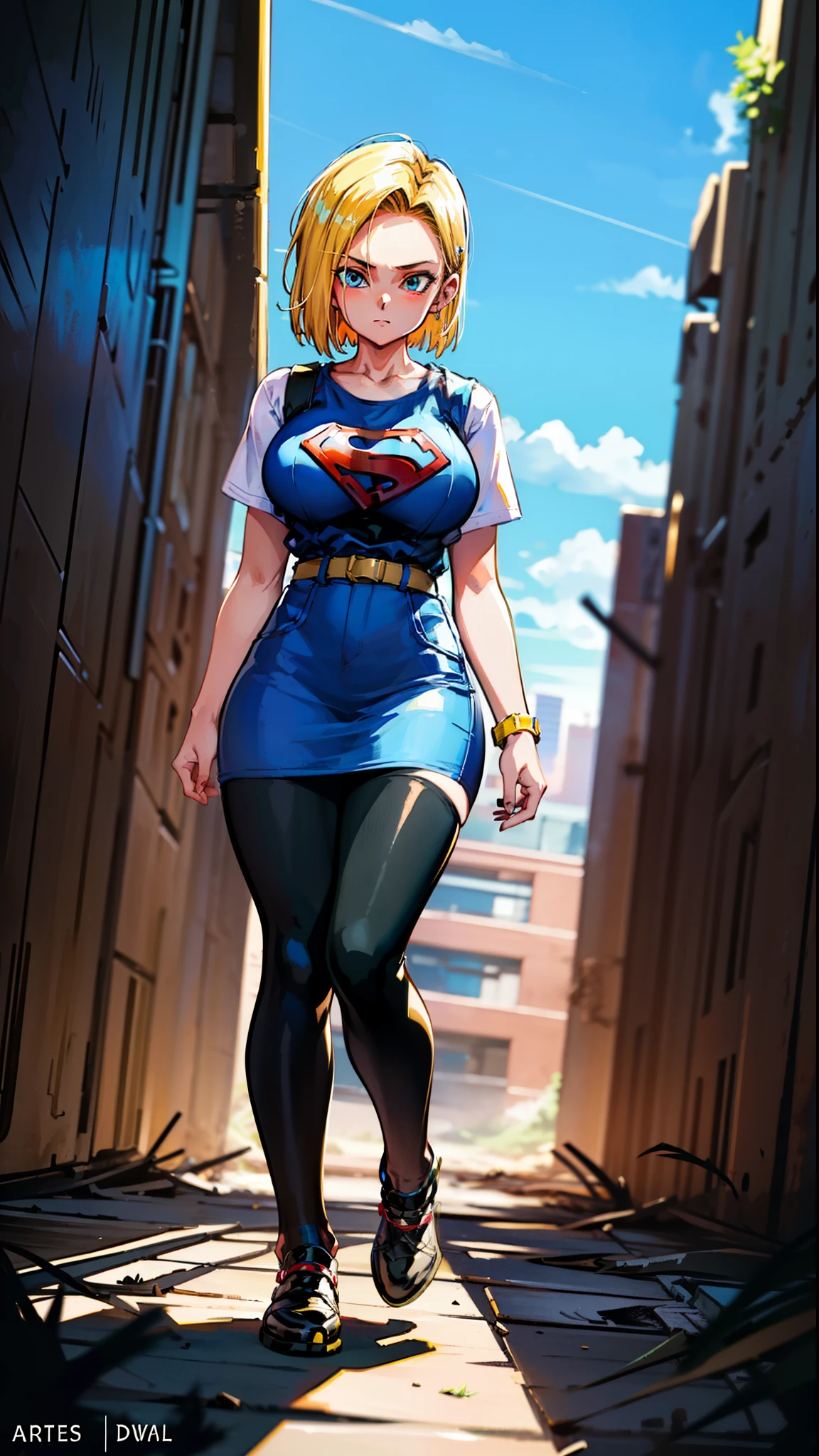 supergirl, pureerosface_v1, sticker of a girl from dc comic, full body, Kim Jung gi, , (gigantic breasts breasts 1.6),soul, digital illustration, comic style, cyberpunk, perfect anatomy, centered, approaching perfection, dynamic, highly detailed, watercolor painting, artstation, concept art, smooth, sharp focus, illustration, art by Carne Griffiths and Wadim Kashin ,, (masterpiece, best quality, ultra-detailed, best shadow),, In the style of Neon Genesis Evangelion, you find yourself standing on a desolate, post - apocalyptic wasteland, as the distant ruins of a massive city loom on the horizon. The sky is filled with ominous clouds, as a massive creature towers in the distance, huge breast, gigantic , titsnipples, curvy, thicc