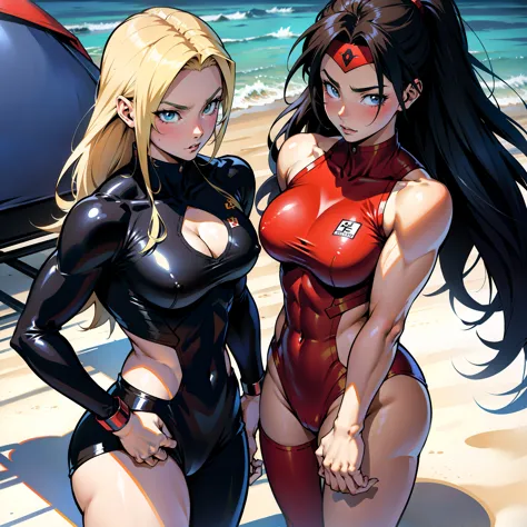 アニメ cel-shading (female (amazones)), muscle, on the beach in ((anime + manga + comics + cartoon) style)