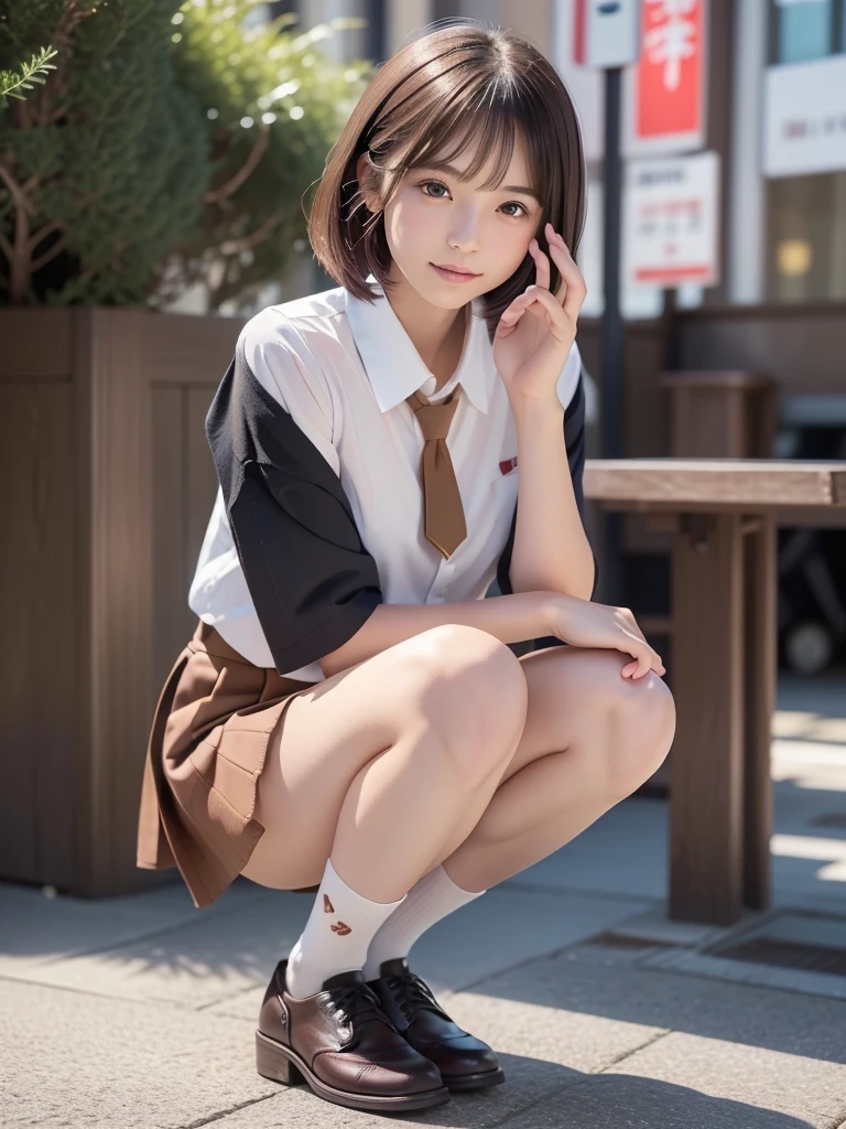 in 8K,top-quality,Real Image,intricate detailes,超A high resolution,Depth Field,masuter piece,natural soft light,profetional lighting,1 girl in,(cute little:1.2),an extremely beautiful 17-year-old girl,A detailed eye,((Brown-eyed)),(Brown hair),(short-haired),(bangslawless skin,shinny skin,fair white skin,Fine skin,large full breasts,((perfect anatomia,nice hand,perfect hand,Five fingers connected to the palm of the hand,accurate hands without incongruity)),Perfect raw legs,delicate legs,perfectly proportions,A sexy,Chest visible,((Japan  uniform)),((School Uniforms mini Skirt)),(neck tie),Black socks,Chano Leather Shoes,Squatting deep in the city,The crotch  visible,Show me your panties around town,both legs are bent,The legs are spread in an M shape,,I can see panties,Delicate thighs visible from the front