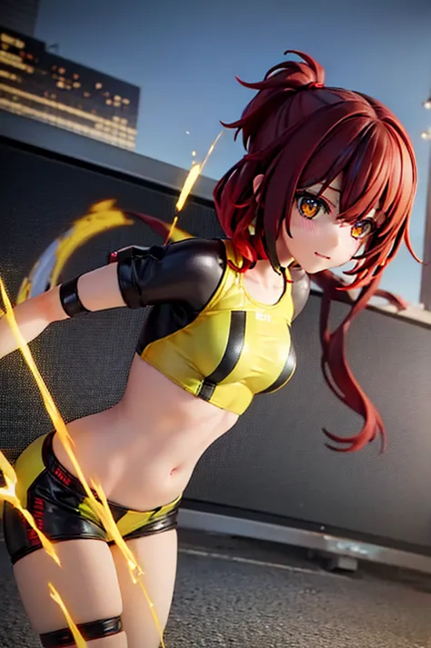 female性　female　cyberpunk costume　yellow costume　red hair　yellow eyes　bob　外はねbob　confused eyes　bob　manipulate electricity