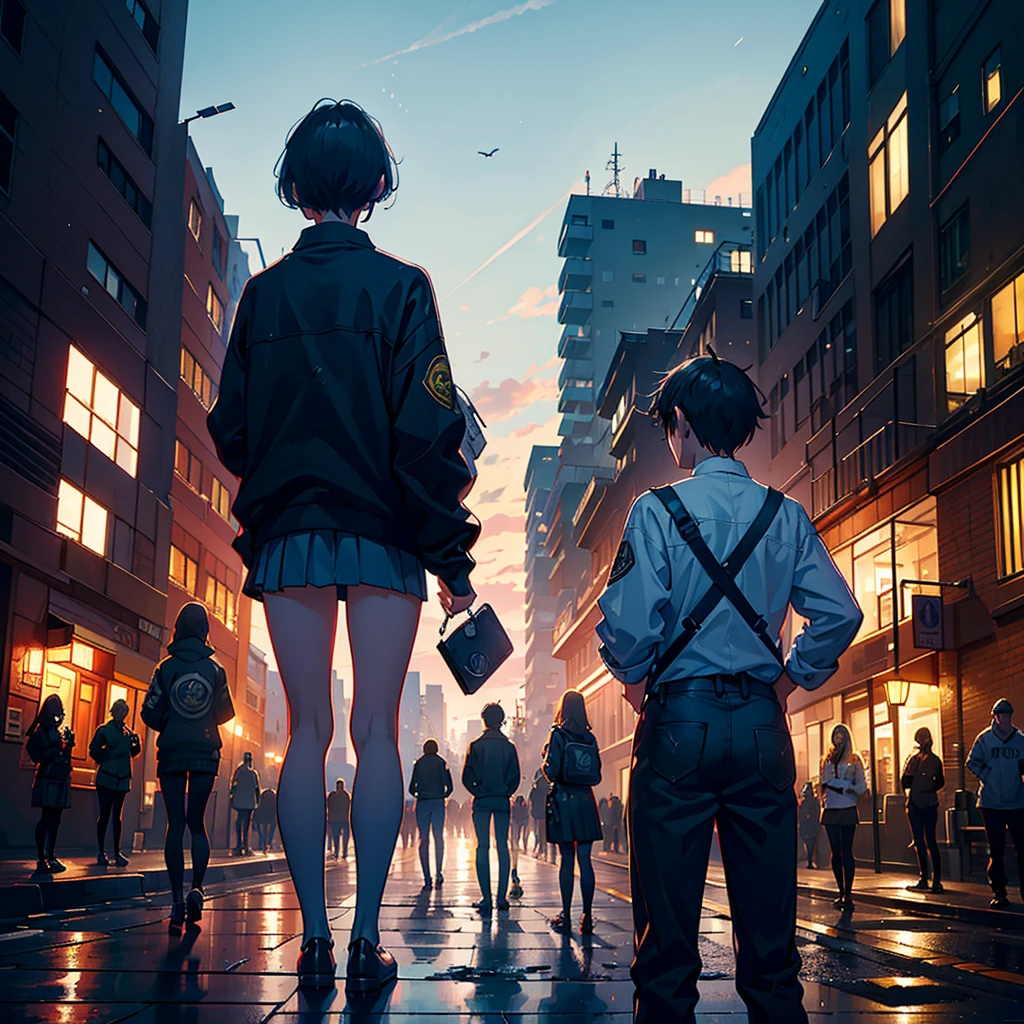 A serious 15 years old teenager with a Beretta M9l in hand stands back to back with a beautiful teenage girl. A group of teenagers stands behind them. In the background, we see they’re standing on a rooftop with a city stretching behind them.