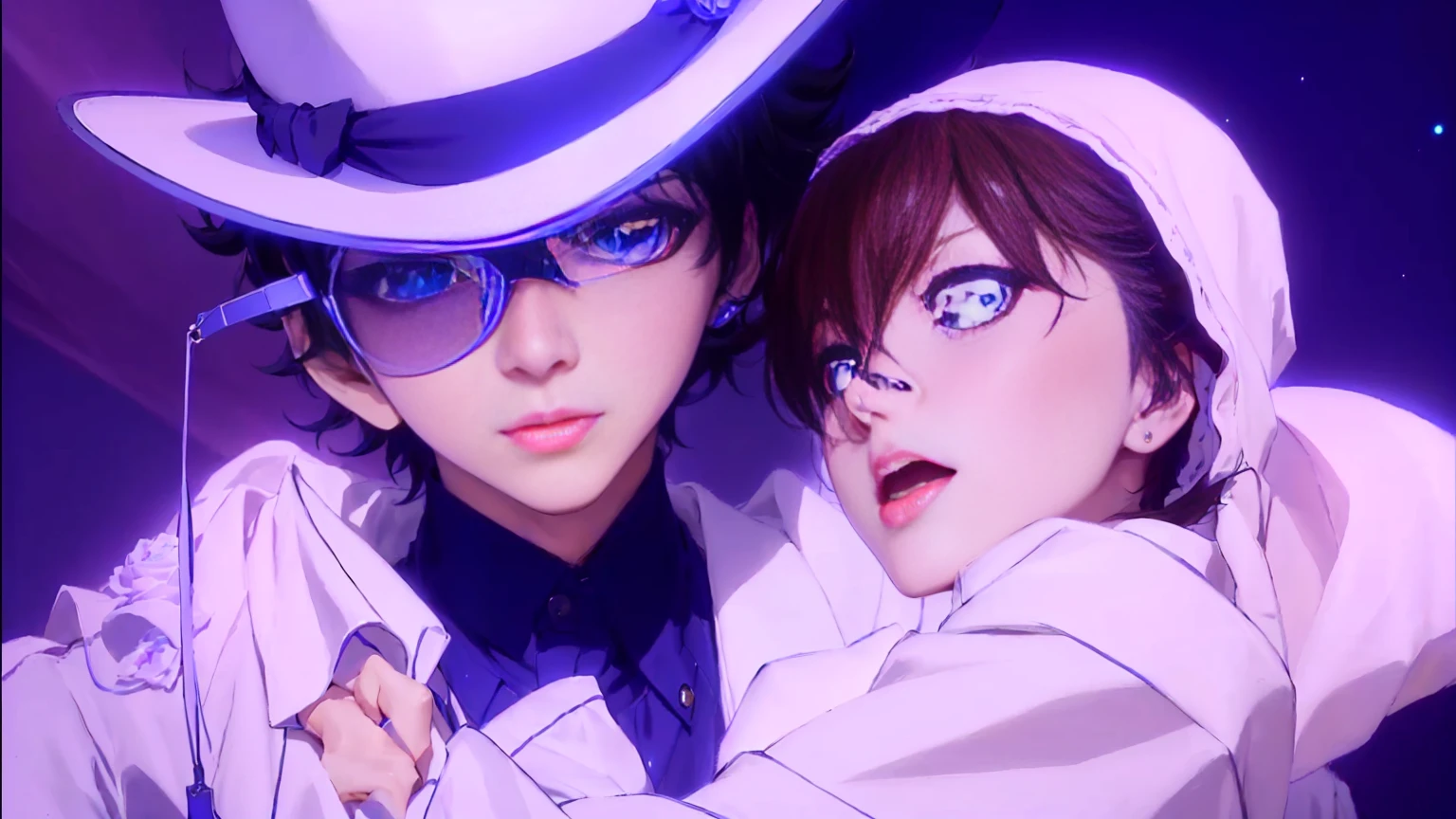 masterpiece, Highest quality, (非常に詳細な CG Unity 8k 壁紙), (Highest quality), (Best illustrations), (Best Shadow), Absurd, Realistic lighting, (abyss), Beautiful sparkle, Anime couple in white clothes and hats with blue eyes, Nick Silva and Ilya Kuvshinov, Anime movie screenshots, Persona 5 Phantom Thief Style, Today&#39;s featured anime is still, A still from the anime, 2 0 2 1 Anime, From the TV anime, 8k!, Anime stills, Persona 5 art style wlop, ( Evangelion )