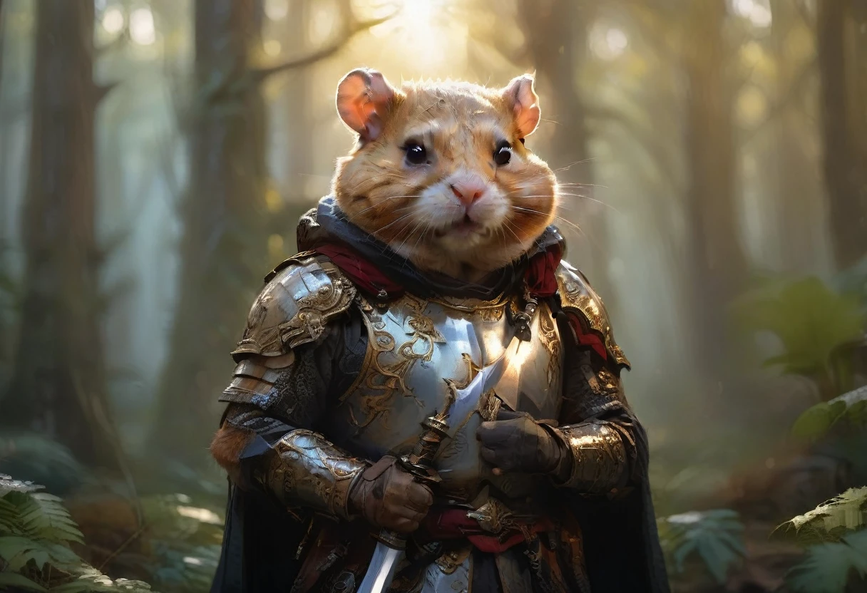 photo cinématographique photo cinématographique , extremely detailed Fur, (((tenant une épée ornée et brillante:1.85))), image oF a wise old veteran hamster warrior wearing (shiny complexe armor:1.4) et un manteau de laine sombre, brume, scintille, glow eFFects, rayons du crépuscule, BRUT photo, 8k, vrai 4k, style cinématographique, éclairage de jante, Front light, projecteur, perFect lighting, clair-obscur, proFessional photoshoot, complexe, ultra détaillé, in an overgrown enchanted Forest, mousse, (beautiFul Flowers:1.3), Ferns and vines, fond extrêmement détaillé, light shaFts, bokeh, Hasselblad, 70mm, F/2, 35mm, BRUT photo, Schneider Super Cinelux, photoréaliste cinématographique, Éclairage naturel 8k uhd, BRUT, riche, complexe details, visuel clé, éclairage d&#39;ambiance, photographie 35 mm, Film, bokeh, proFessional, 4k, très détaillé . photographie 35 mm, Film, bokeh, proFessional, 4k, très détaillé, photoréaliste cinématographique, Éclairage naturel 8k uhd, BRUT, riche, complexe details, visuel clé, éclairage d&#39;ambiance, photographie 35 mm, Film, bokeh, proFessional, 4k, très détaillé . photographie 35 mm, Film, bokeh, proFessional, 4k, très détaillé 