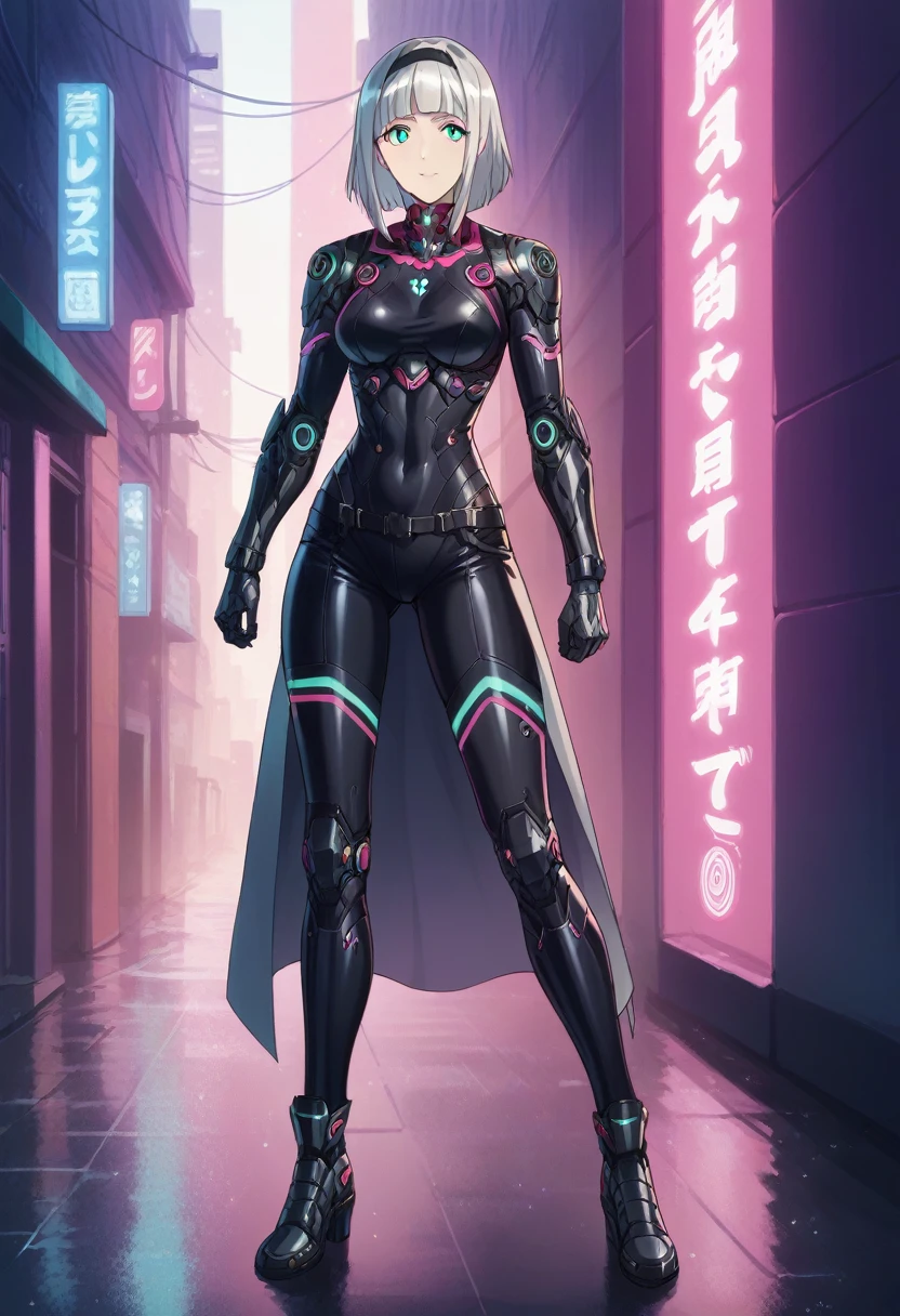 Anna Nishikinomiya con el mismo cuerpo que una mujer, pero solo con una armadura que cubre todo su cuerpo, Tiene un (armadura robótica negra) convertido en un cyborg, de los hombros y el torso, a las piernas y los pies, armadura de cuerpo completo cyborg (delgado), en un callejón lluvioso de una ciudad cyberpunk 