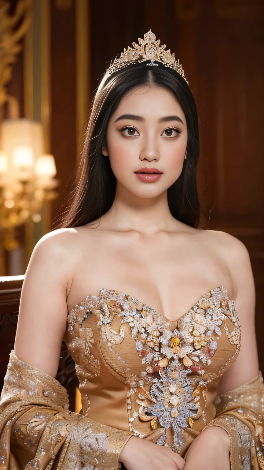 (best quality,4k,highres,masterpiece:1.2),ultra-detailed,realistic:1.37,beautiful and regal Javanese queen with hijab,dark and luxurious palace backdrop,beautiful detailed eyes and face,long eyelashes,voluptuous and curvy figure,exquisite jewelry and accessories,ornate and intricate patterned textiles,dazzling crown and royal attire,golden light illuminating the scene,vibrant and vivid color palette,soft and ethereal lighting,confident and alluring expression,graceful and elegant pose,serene and majestic atmosphere,rich cultural elements and symbols,meticulously captured body contours,subtle and tasteful sensuality,endless attention to every detail,romantic and dreamlike ambiance,artistic interpretation of beauty,stylish and sophisticated composition.