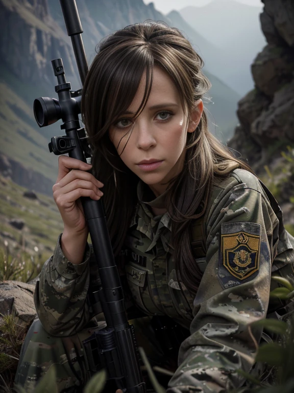 un portrait très détaillé de Jennifer Love Hewitt en tireuse d&#39;élite, Beaux yeux détaillés, belles lèvres détaillées, yeux et visage extrêmement détaillés, long cils, uniforme militaire, fusil à lunette, Peinture pour le visage camouflage, accroupi en position de tireur d&#39;élite, terrain montagneux rocheux, éclairage dramatique maussade, composition cinématographique, Photoréaliste, 8k, hyper détaillé